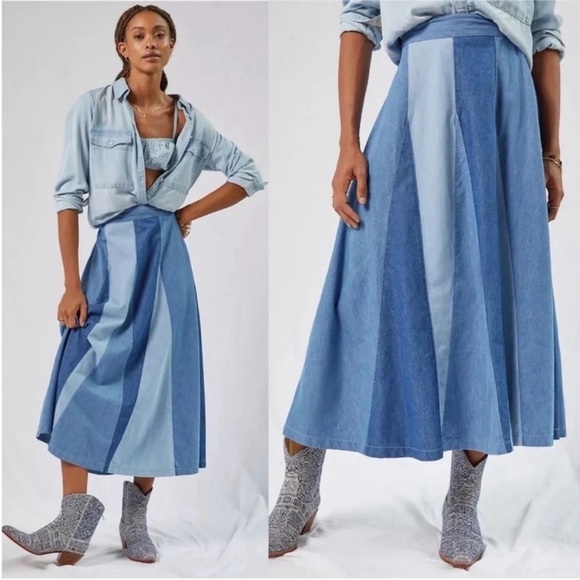 Love The Label Dresses & Skirts - ANTHRO ✨ LOVE THE LABEL Denim Color block Patchwork Stripe Midi Maxi Skirt | XS